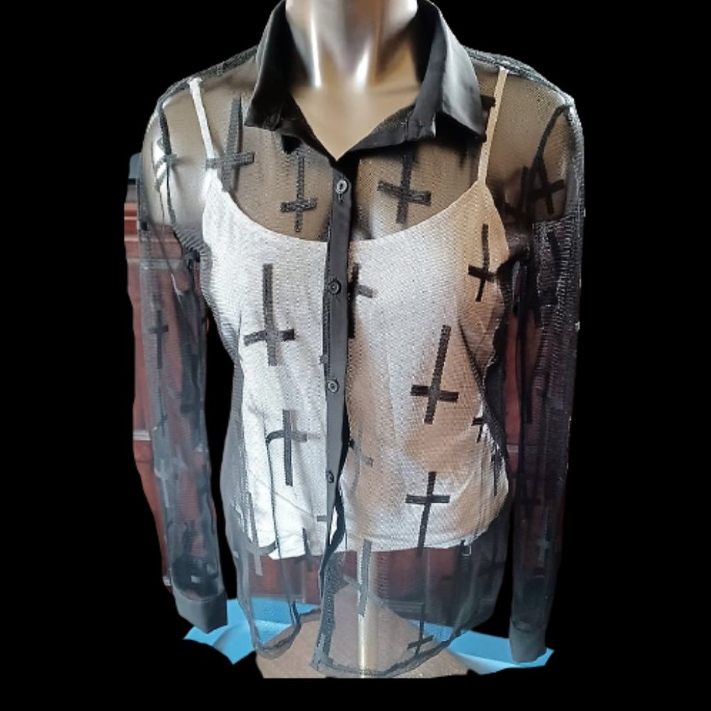 🖤Love Culture Collared Button Down Black Sheer Mesh Blouse🖤
